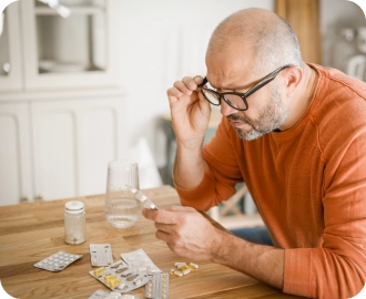 A man wearing glasses reading an insert leaflet